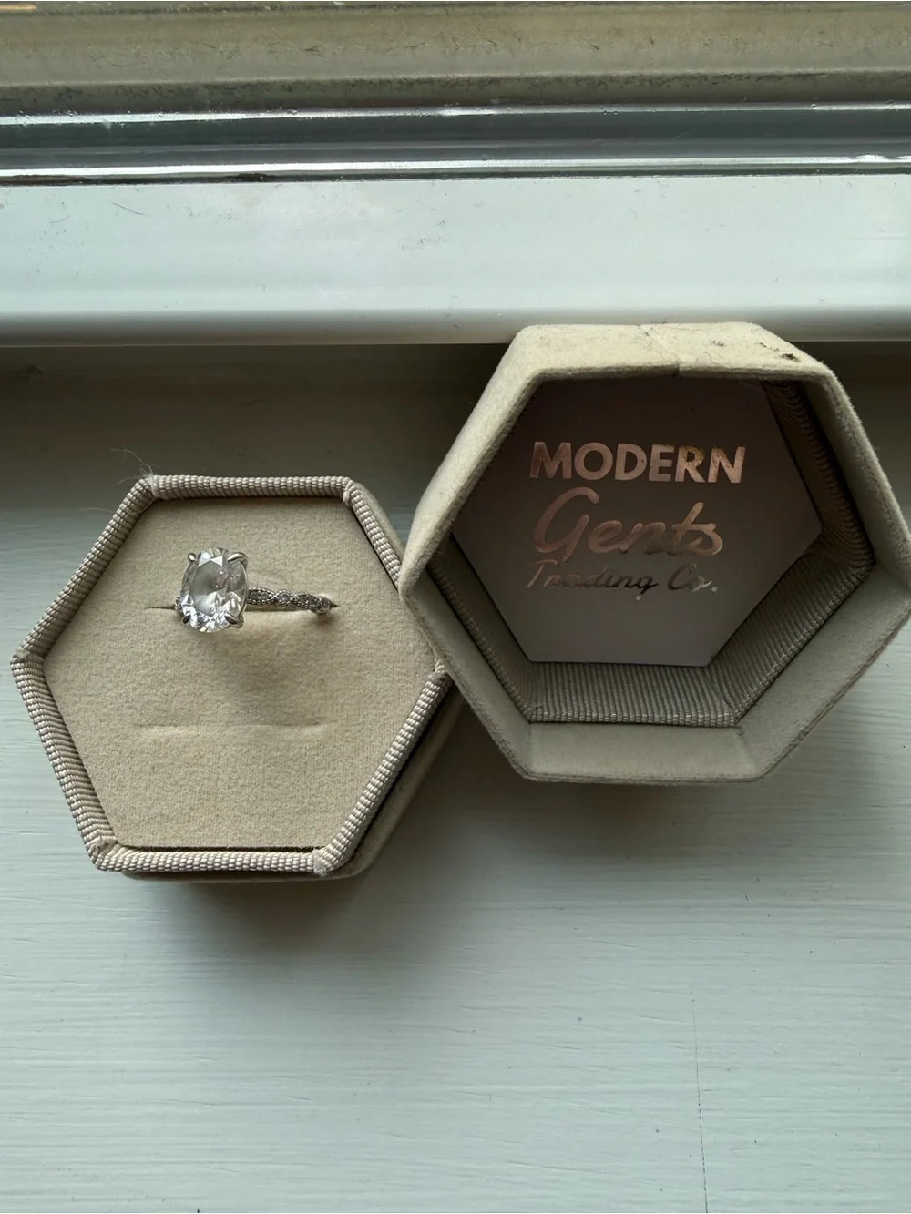 White Crystal Solitaire Ring with Pavé Accented Band